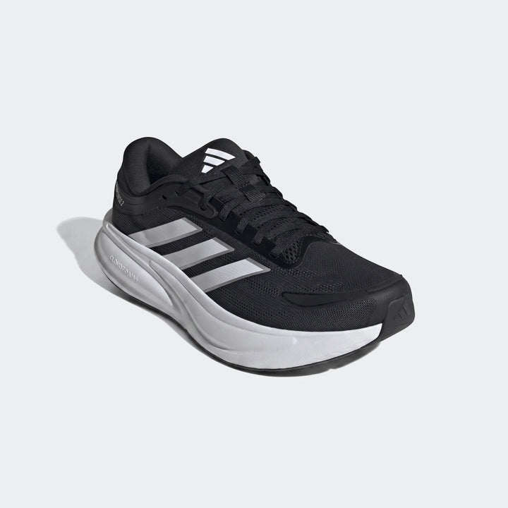 Adidas Response 2 Running Shoes in black with white stripes and a sculpted white sole, shown from a side angle.