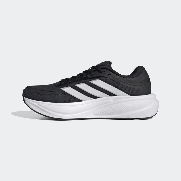 Adidas Response 2 Running Shoes in black and white, featuring a mesh upper and thick white midsole, shown from a side view.