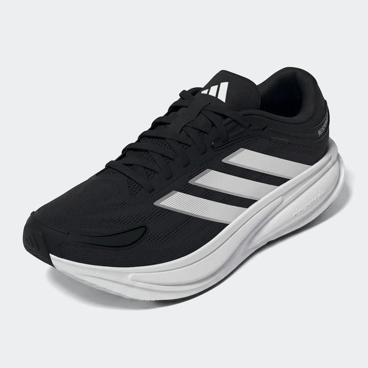 Adidas Response 2 Running Shoes in black with white stripes and a white sole, viewed from a three-quarter angle.