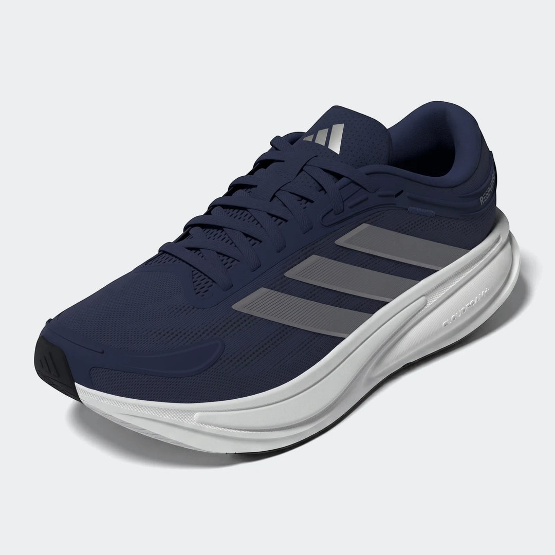 A single men's navy blue Adidas Response 2 running shoe is presented in a side view on a clean background, highlighting its