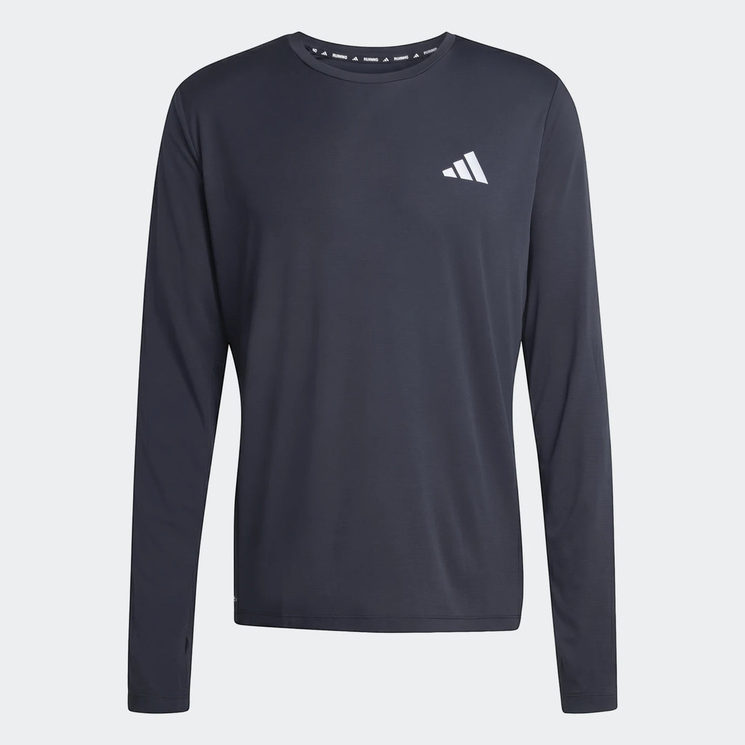 Dark gray men's Adidas Run Essentials Long Sleeve Top in performance fabric, featuring a white chest logo, shown in a front