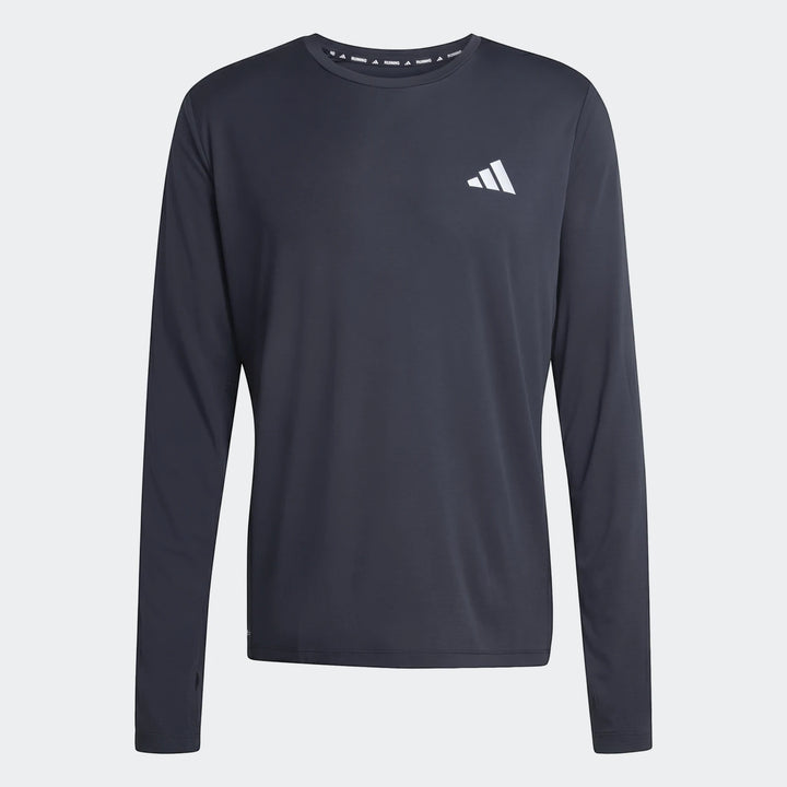 Dark gray men's Adidas Run Essentials Long Sleeve Top in performance fabric, featuring a white chest logo, shown in a front