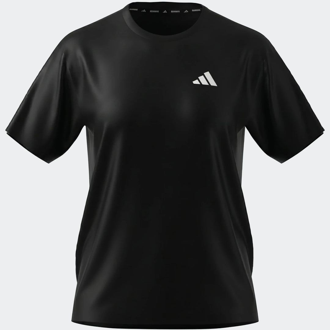 Front view of a black Adidas Run Essentials T-Shirt, featuring a white logo on the chest and a smooth, draped fabric.