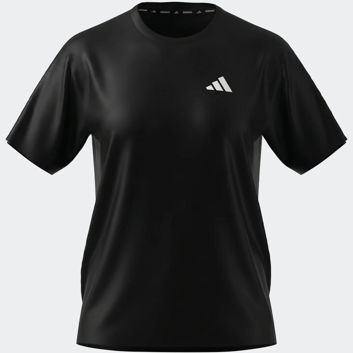 Front view of a black Adidas Run Essentials T-Shirt, featuring a white logo on the chest and a smooth, draped fabric.