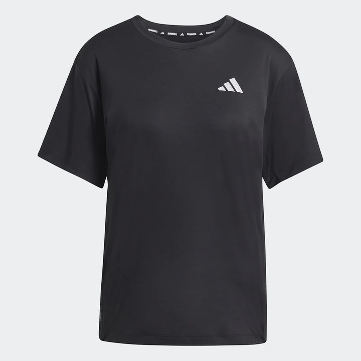 Black Adidas Run Essentials T-Shirt, short-sleeve, made from breathable performance fabric, featuring a white logo on the