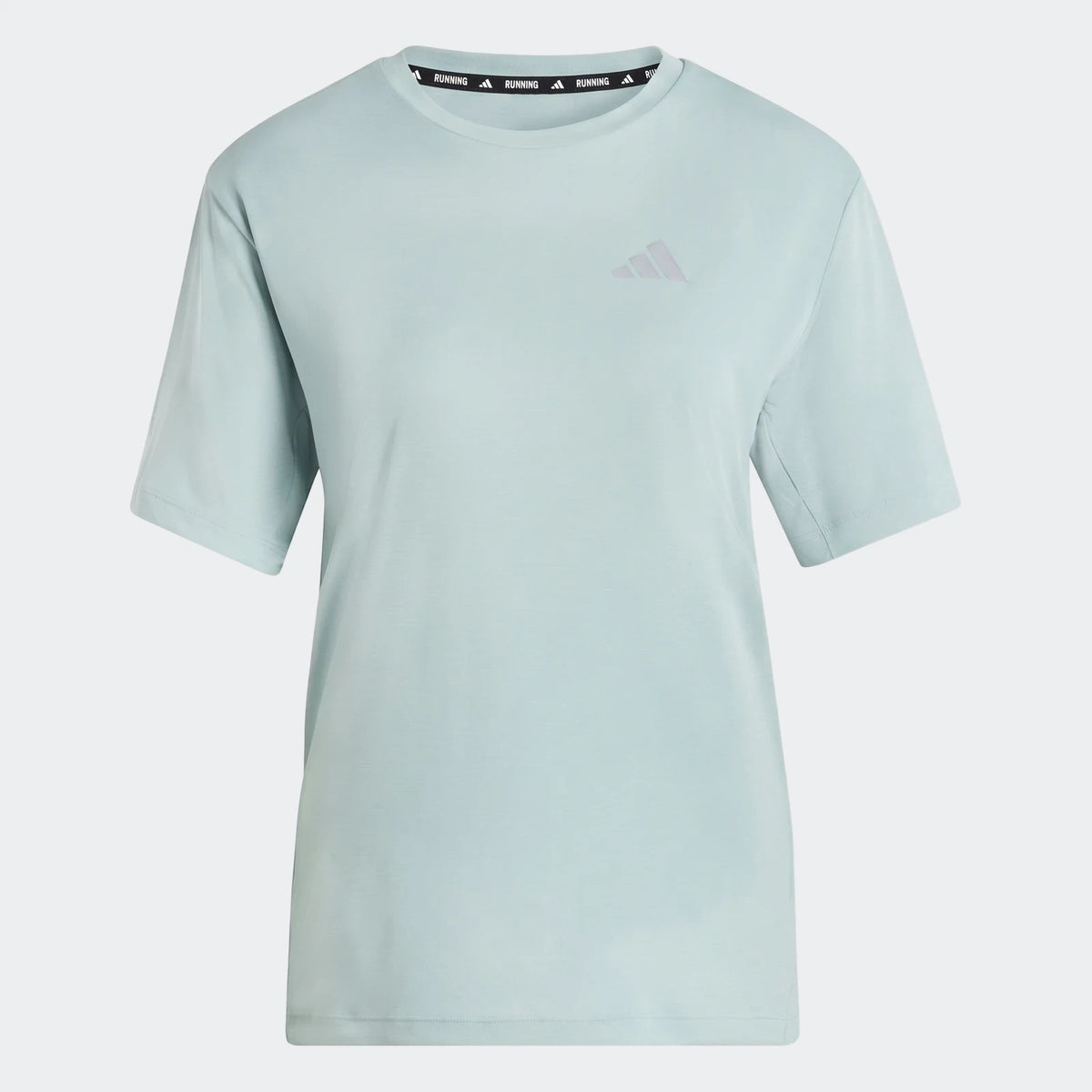 Light blue Adidas Run Essentials T-Shirt with short sleeves, featuring a subtle logo, presented on a gray background.