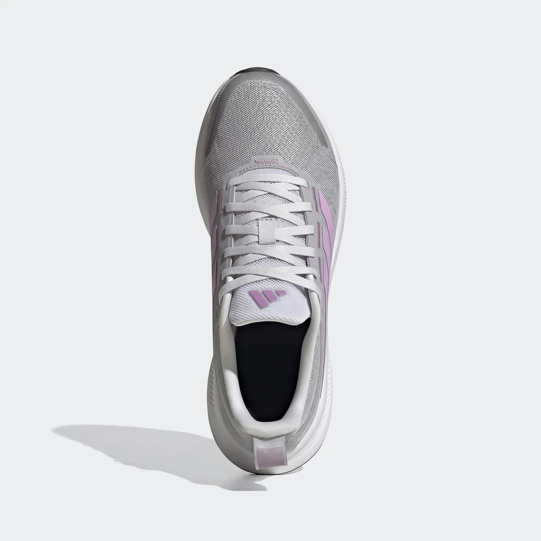Adidas Runblaze W running shoes in light grey with purple accents, featuring a mesh upper and white sole, shown from a