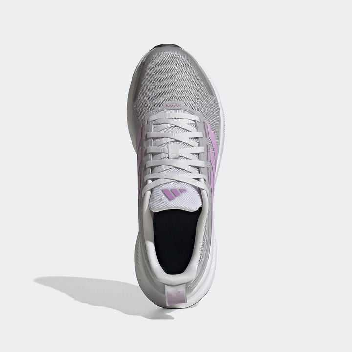 Adidas Runblaze W running shoes in light grey with purple accents, featuring a mesh upper and white sole, shown from a