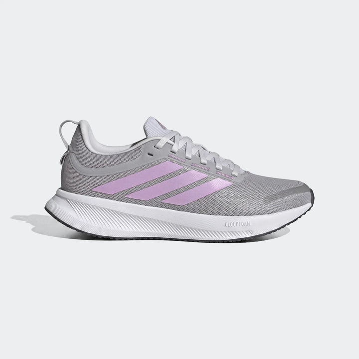 Grey and pink Adidas Runblaze W running shoe, featuring a mesh upper and Cloudfoam midsole, presented in a side profile view.