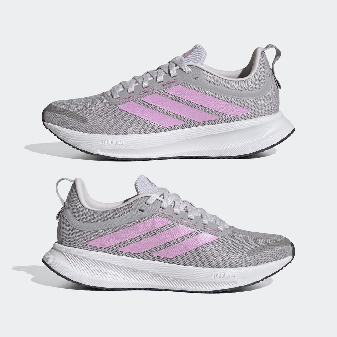 Two grey Adidas Runblaze W Running Shoes with pink stripes and Cloudfoam soles, viewed from the side on a white background.