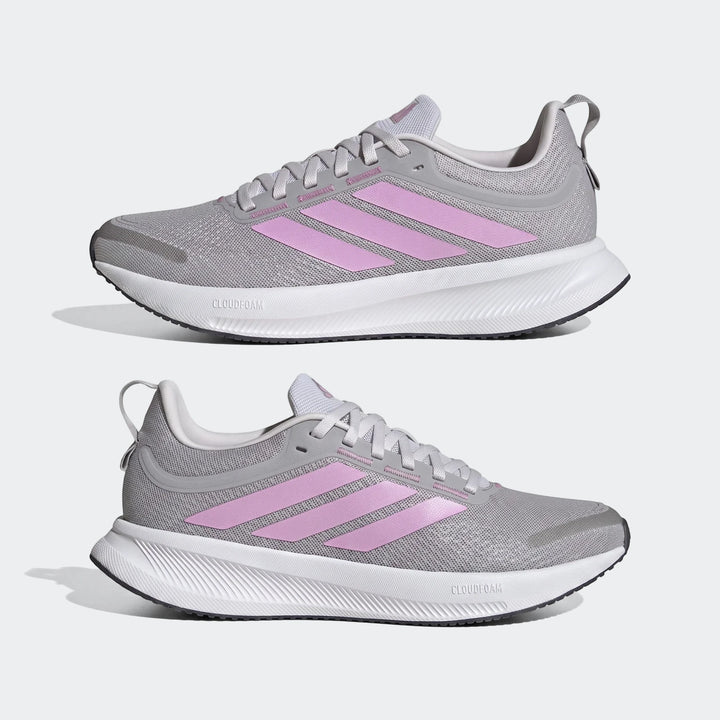 Two grey Adidas Runblaze W Running Shoes with pink stripes and Cloudfoam soles, viewed from the side on a white background.