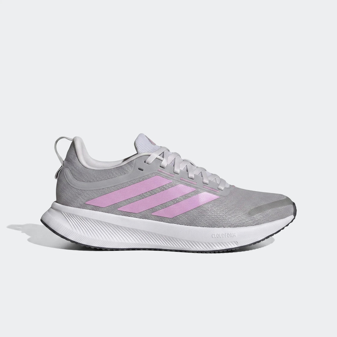 Side view of Adidas Runblaze W running shoes for women in grey with pink stripes and a white Cloudfoam sole.