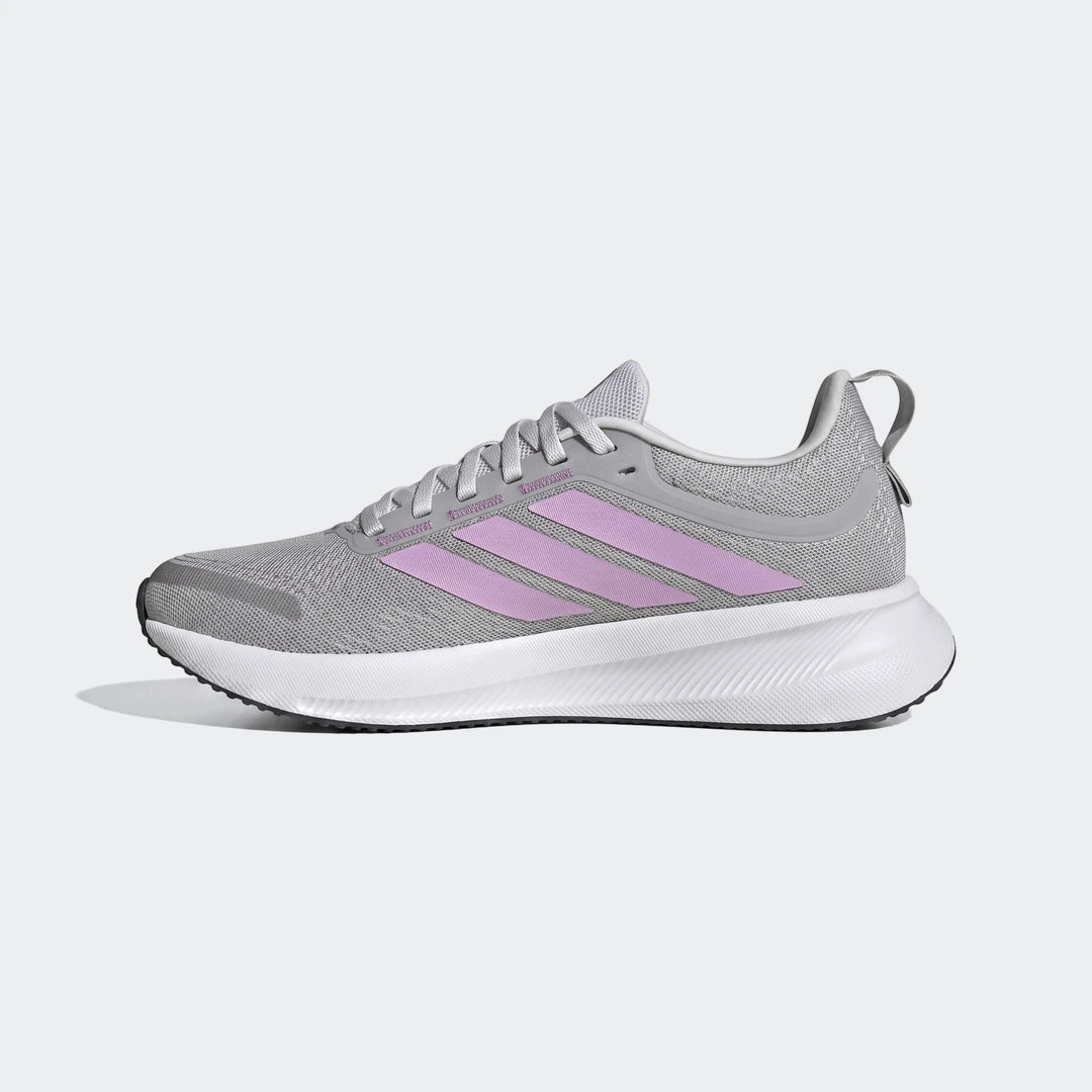 Grey and purple Adidas Runblaze W women's running shoes, featuring a mesh upper and three-stripe logo, shown in a side view.