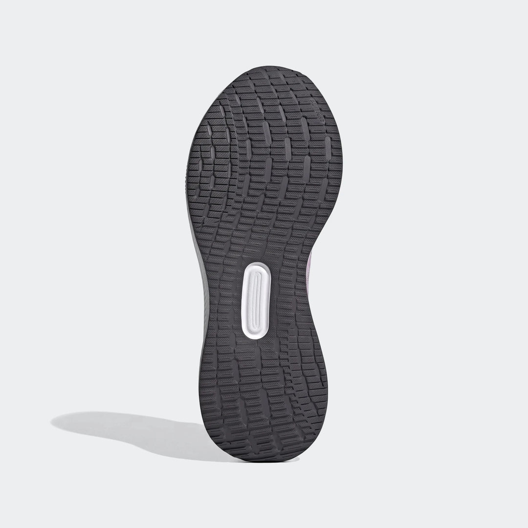 Bottom view of a dark gray Adidas Runblaze W running shoe sole with a textured grip pattern and a white central insert.