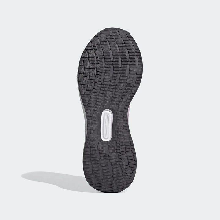 Bottom view of a dark gray Adidas Runblaze W running shoe sole with a textured grip pattern and a white central insert.