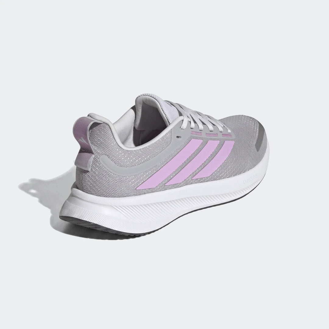 Grey and pink Adidas Runblaze W women's running shoe, featuring a mesh upper and classic stripes, shown from a rear-side