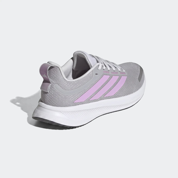 Grey and pink Adidas Runblaze W women's running shoe, featuring a mesh upper and classic stripes, shown from a rear-side