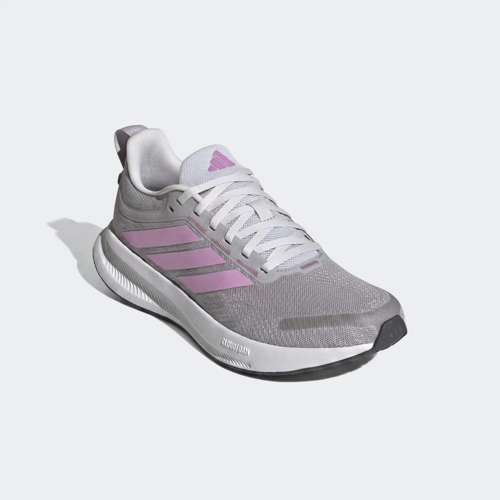 Women's Adidas Runblaze W running shoes in grey with pink stripes and white Cloudfoam sole, shown angled.