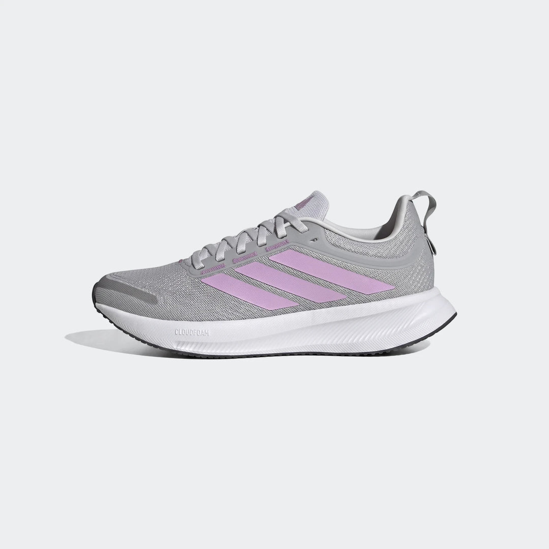 Adidas Runblaze W women's running shoes in gray with purple three stripes, featuring a breathable mesh upper and Cloudfoam