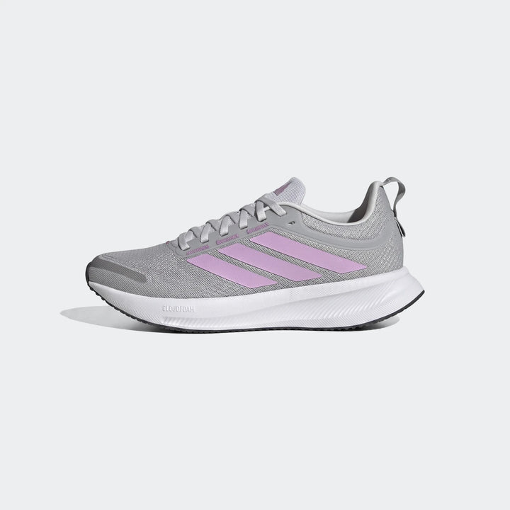 Adidas Runblaze W women's running shoes in gray with purple three stripes, featuring a breathable mesh upper and Cloudfoam