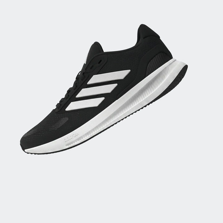 Black Adidas Runfalcon 5 men's running sneakers featuring white three stripes and a white midsole, captured from a side