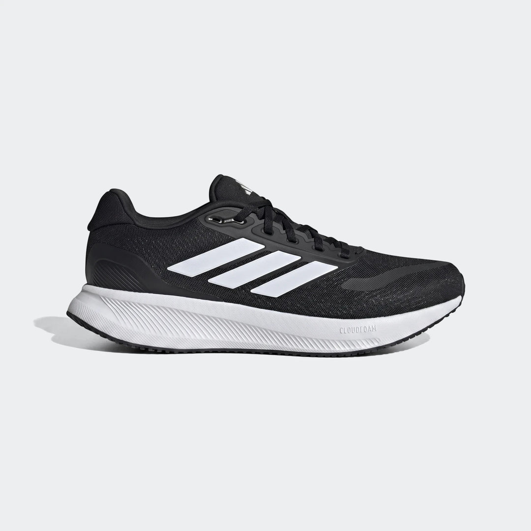 Black Adidas Runfalcon 5 men's running sneakers with white stripes and sole, shown in a side profile view.