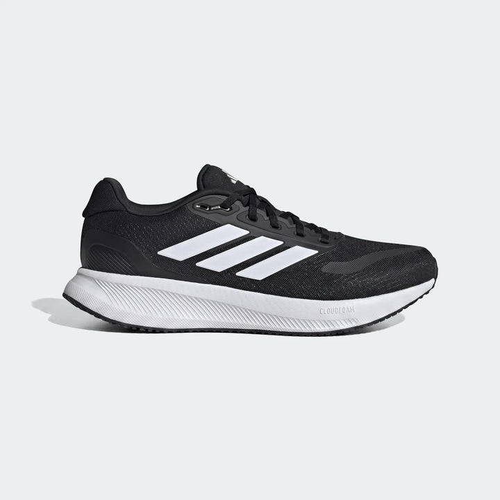 Black Adidas Runfalcon 5 men's running sneakers with white stripes and sole, shown in a side profile view.