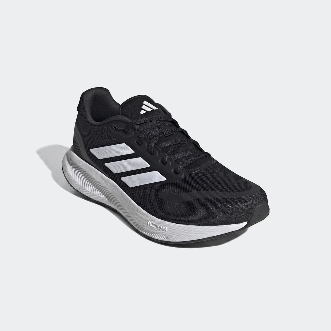 Adidas Runfalcon 5 black sneakers with white stripes, a mesh upper, and white Cloudfoam midsole, shown from a side view.