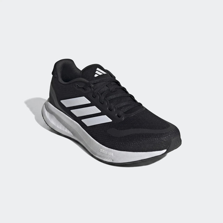 Adidas Runfalcon 5 black sneakers with white stripes, a mesh upper, and white Cloudfoam midsole, shown from a side view.