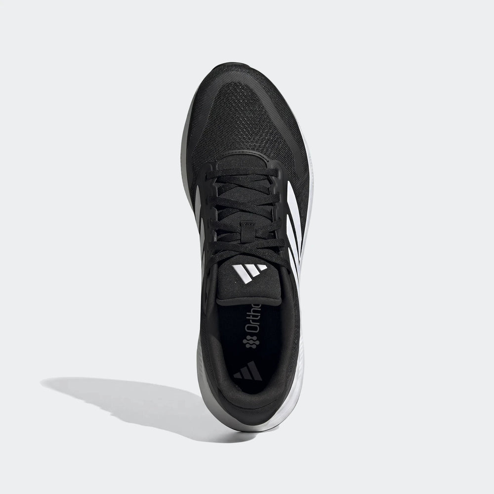 Adidas Runfalcon 5 Black Sneakers in a top-down view, featuring white stripes and a breathable mesh upper, ideal for running.
