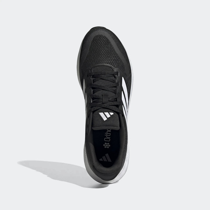 Adidas Runfalcon 5 Black Sneakers in a top-down view, featuring white stripes and a breathable mesh upper, ideal for running.