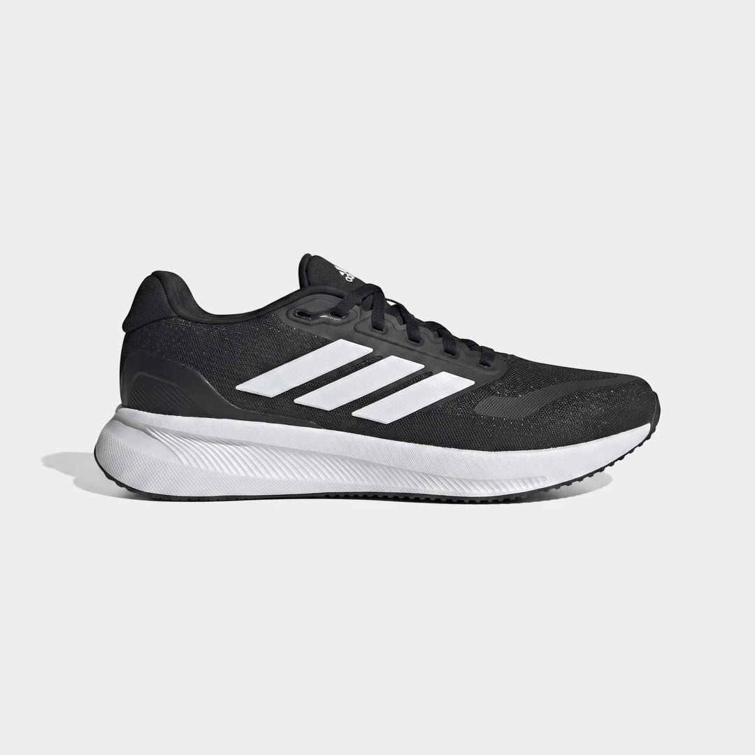 Adidas Runfalcon 5 black sneakers with white three stripes and a chunky white sole, shown in a side profile view.