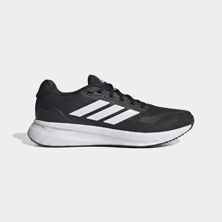 Adidas Runfalcon 5 black sneakers with white three stripes and a chunky white sole, shown in a side profile view.