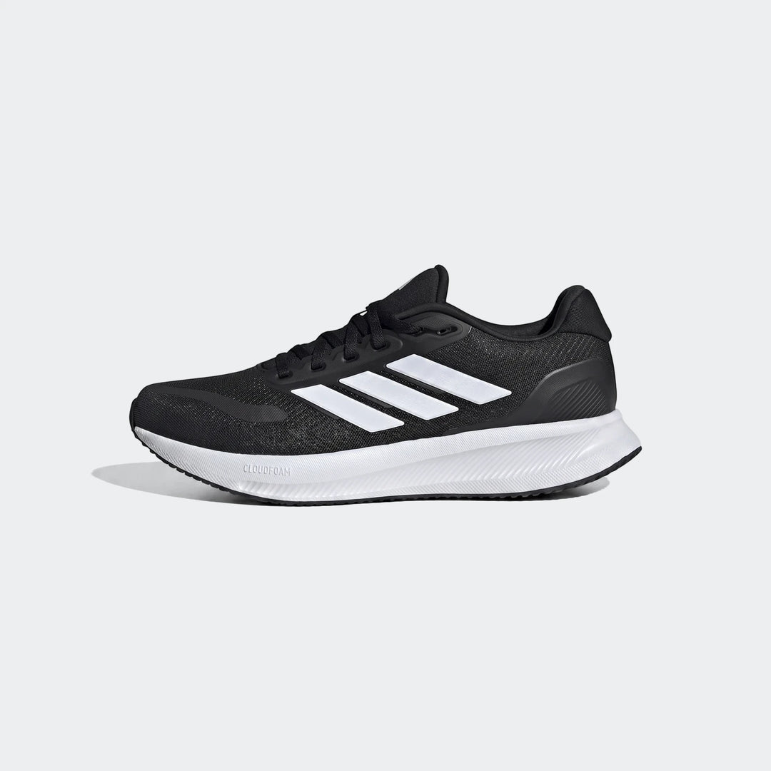 Adidas Runfalcon 5 men's black running sneakers with white stripes and white Cloudfoam sole, shown in a side profile view.