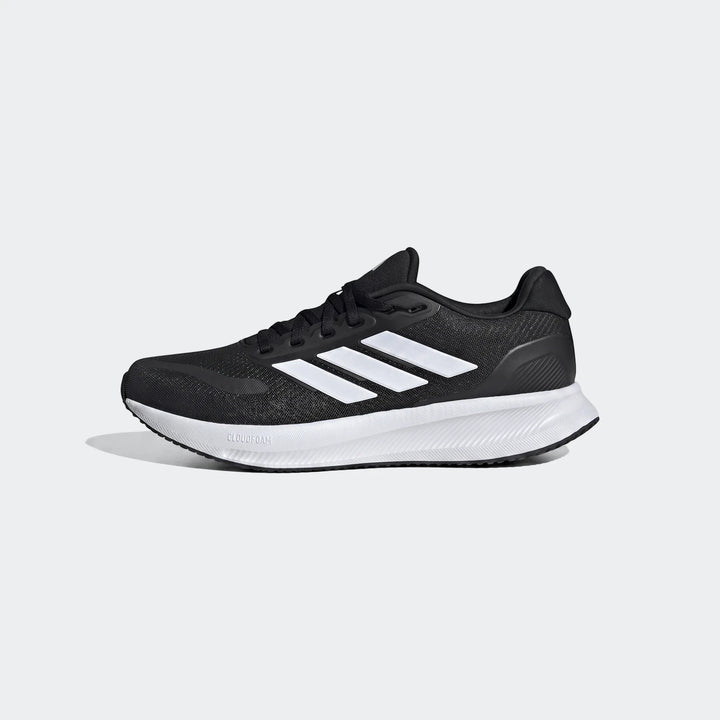 Adidas Runfalcon 5 men's black running sneakers with white stripes and white Cloudfoam sole, shown in a side profile view.