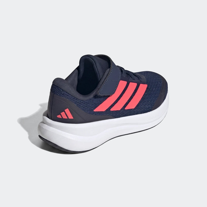 Children's Adidas Runfalcon 6 shoes in dark blue with coral stripes, white sole, and velcro strap, viewed from the