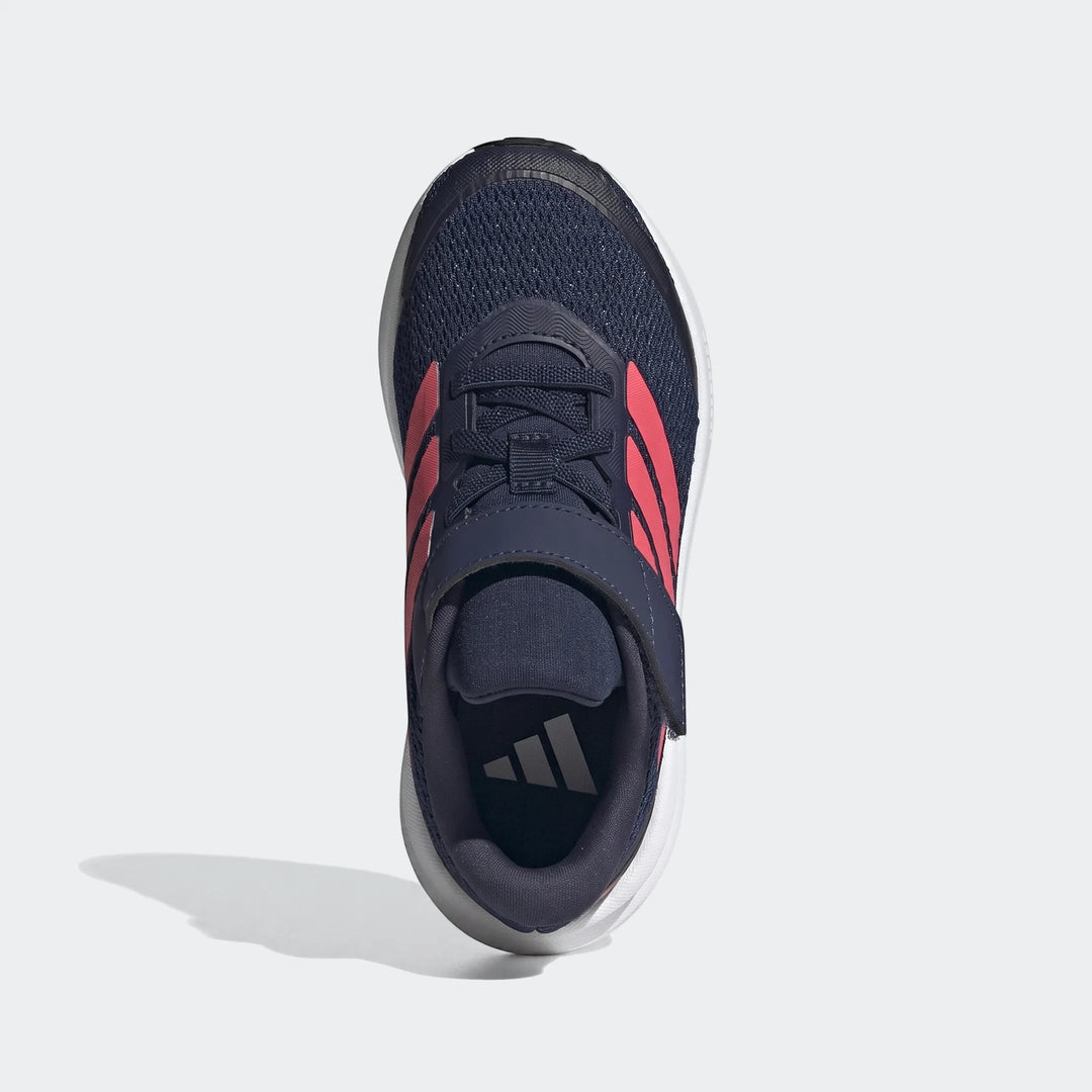 Navy blue Adidas Runfalcon 6 children's running shoe with coral stripes, viewed from above, showcasing its mesh upper and