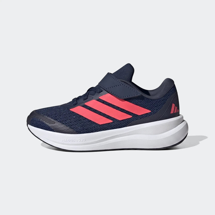 Side view of navy blue children's Adidas Runfalcon 6 shoes with coral red stripes and a velcro strap closure.
