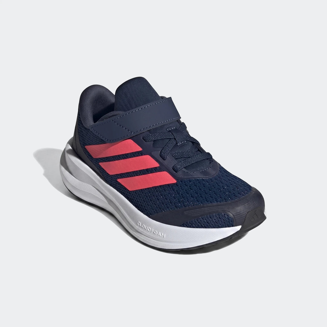 Adidas Runfalcon 6 children's running shoes in navy blue and coral red with hook-and-loop closure, side view.