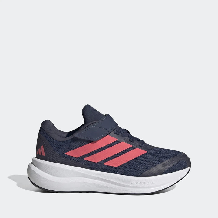 Adidas Runfalcon 6 children's shoes in navy blue with vibrant pink stripes, a white Cloudfoam sole, and a convenient velcro
