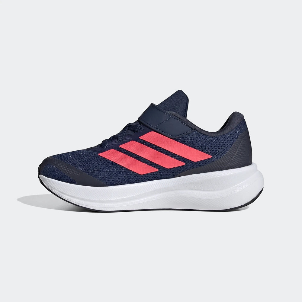 Side view of Adidas Runfalcon 6 children's shoes in navy blue with coral stripes and a hook-and-loop closure.