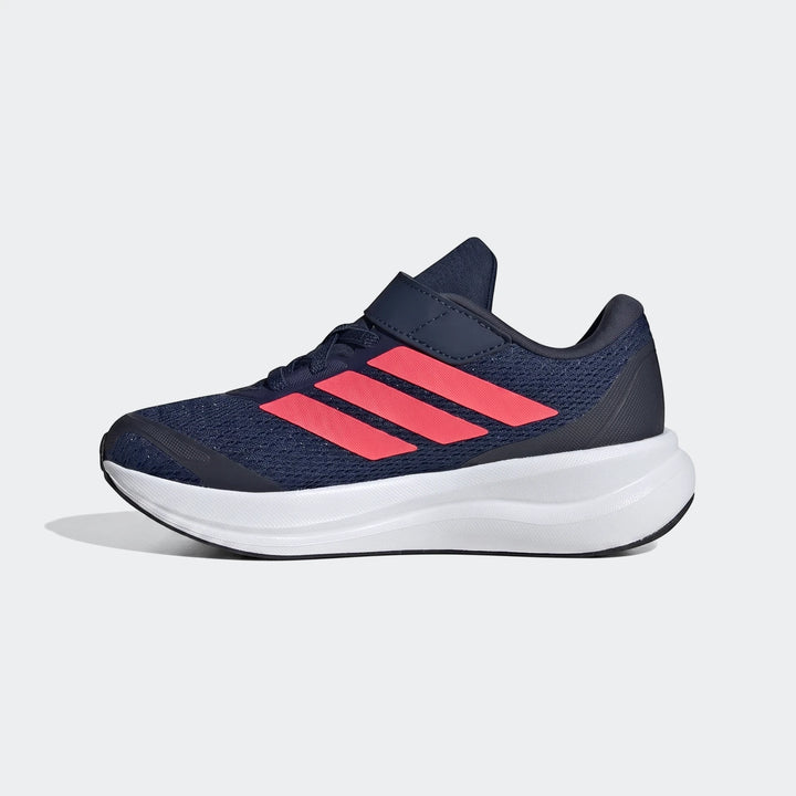 Side view of Adidas Runfalcon 6 children's shoes in navy blue with coral stripes and a hook-and-loop closure.