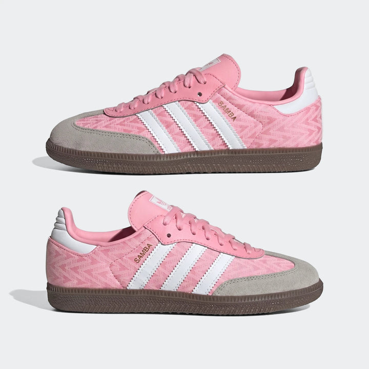 Adidas Samba Og Kids Shoes in pink and grey with a patterned textile upper and suede accents, displayed as a pair.