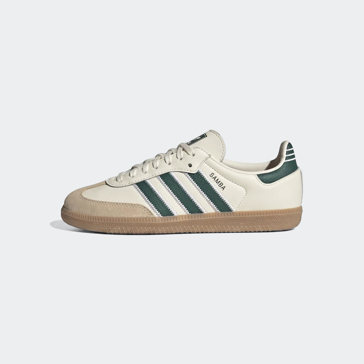 Off-white and dark green Adidas Samba Og men's sneakers with a gum sole, shown in a side profile view.