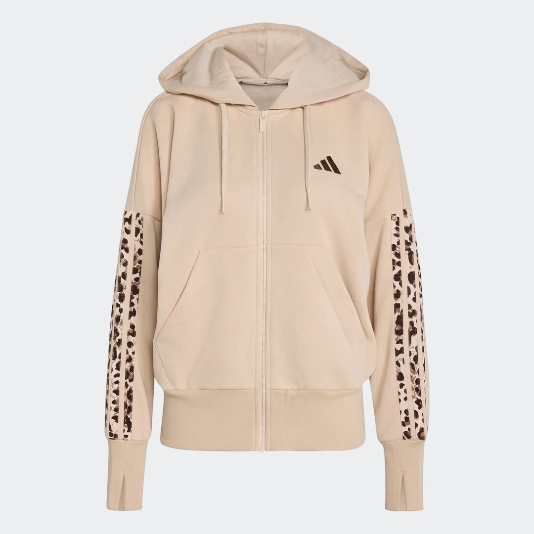 Beige Adidas Seasonal Essentials Full-Zip Hooded Track Top with leopard print 3-Stripes on sleeves. Front view.