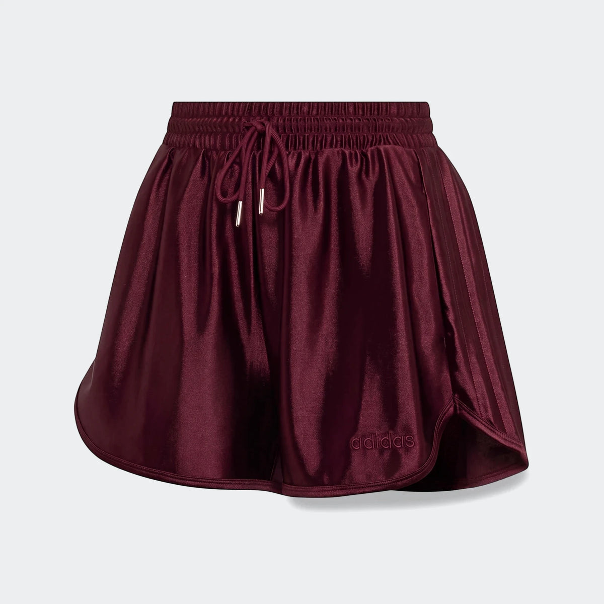 Maroon adidas Seasonal Essentials satin shorts with an elasticated drawstring waist and subtle side stripe detail, presented