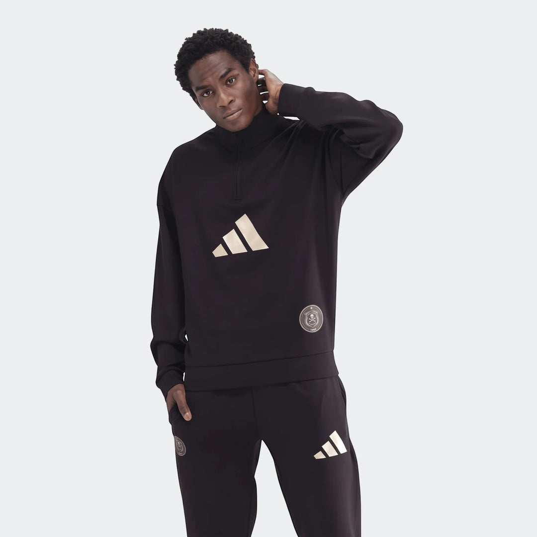 Black Adidas Sportswear Open Hem Future Icons 3-Bar Half-Zip Sweatshirt and matching sweatpants worn by a male model.