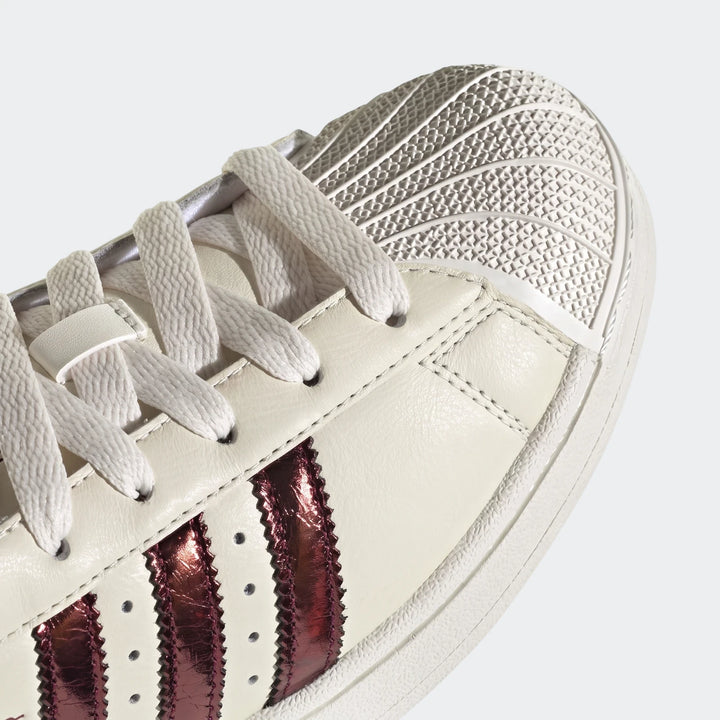 Close-up front view of cream Adidas Superstar II shoes with white laces, textured shell toe, and metallic reddish-bronze