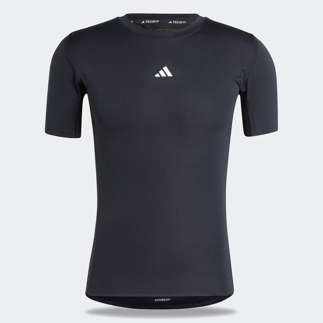 Dark grey Adidas Techfit Aeroready short-sleeved compression football t-shirt for men, shown on a mannequin.