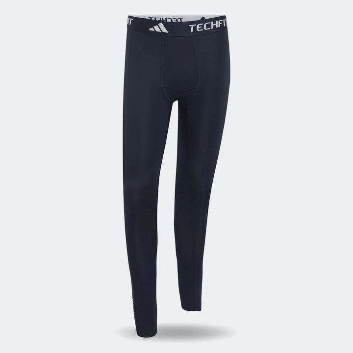 Dark blue Adidas Techfit football base layer tights, shown upright in a front view, highlighting the branded elastic